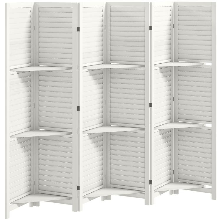White folding room divider with 6 panels and 3 shelves, open cabinet-style back