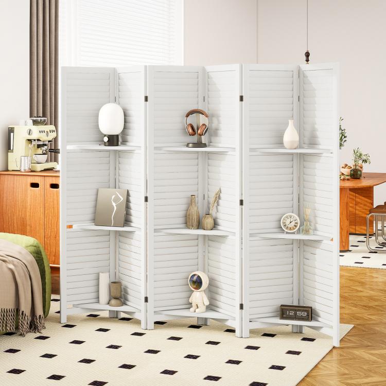White 6-panel room divider privacy screen with three-tier open shelving for accessories