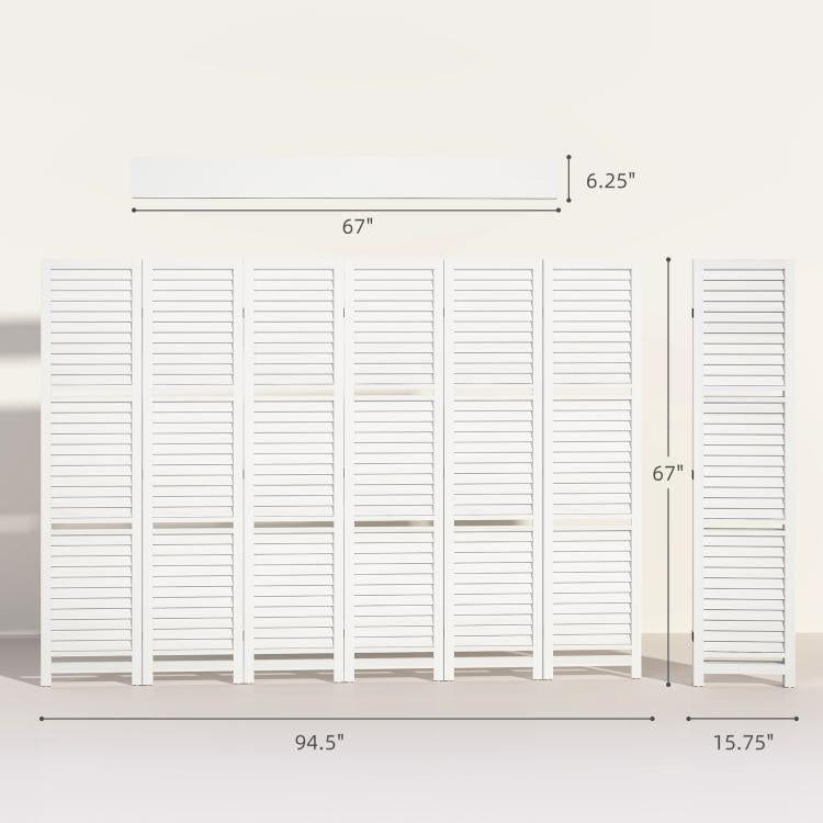 White 6-panel room divider privacy screen dimensions diagram with folding panels
