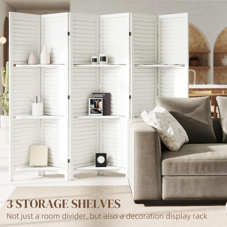 White room divider privacy screen with open shelves and compartments for storage, folding style