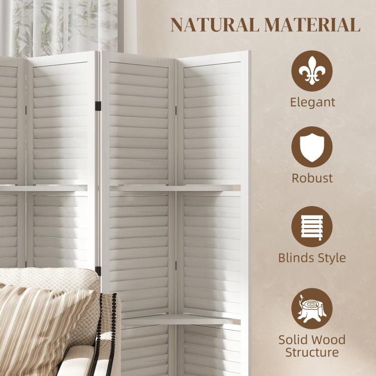 White privacy screen room divider with solid wood structure and built-in shelving
