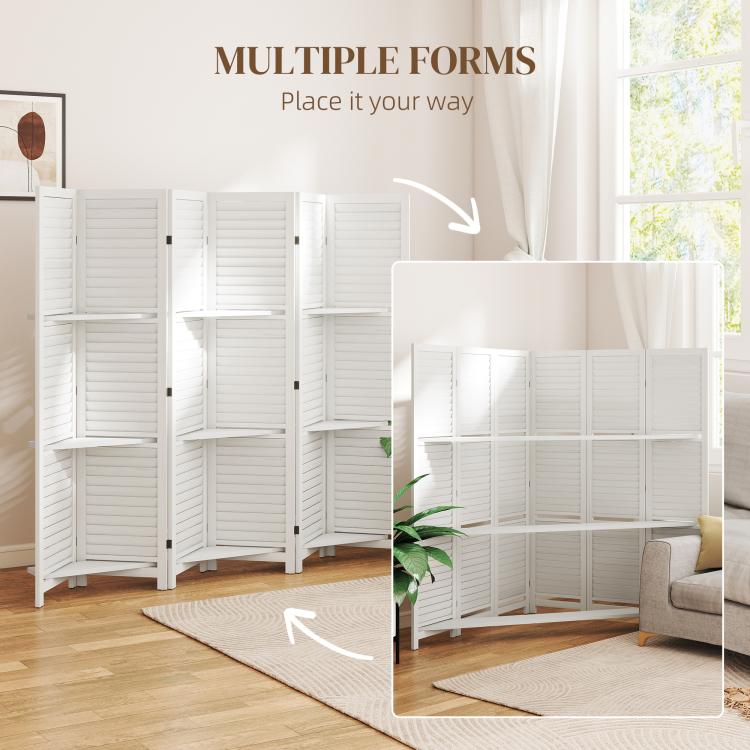 White multi-position folding room divider privacy screen with open shelves and panels