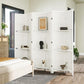 White 6-panel room divider privacy screen with three shelves for decor and storage