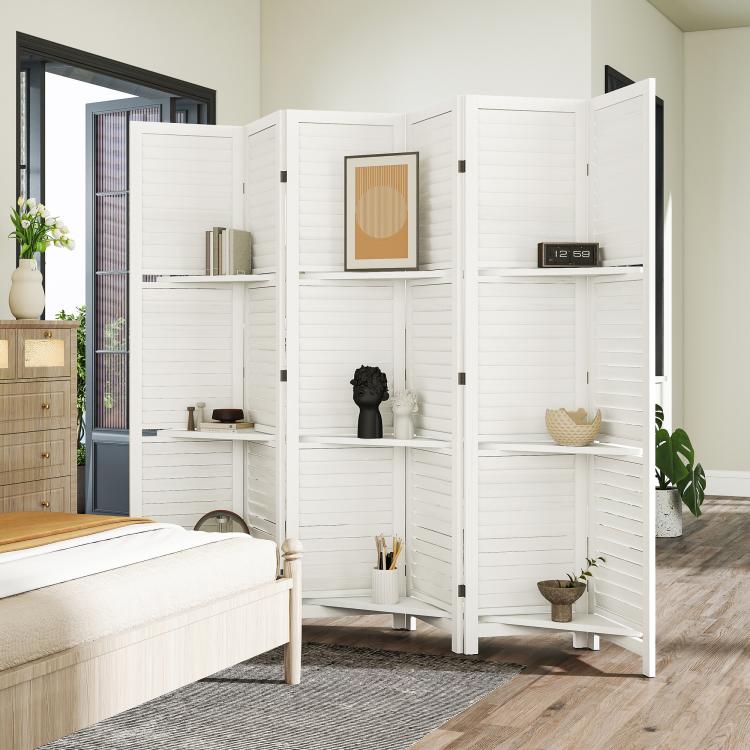 White 6-panel room divider privacy screen with three shelves for decor and storage