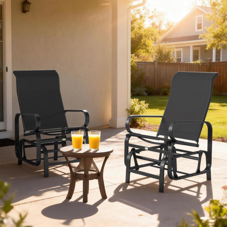 Set of 2 black mesh rocking lounge chairs with lightweight metal frames, curved arms