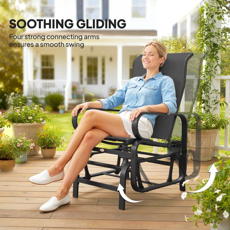 Black mesh gliding rocking lounge chair with wide arms and connected base struts