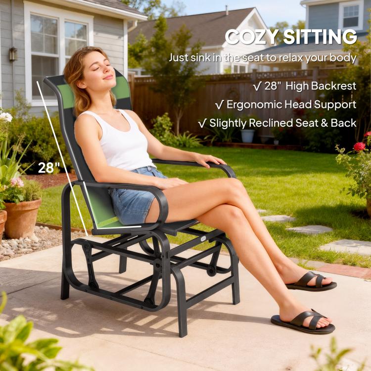 Black mesh rocking glider lounge chair with high backrest and slightly reclined seat