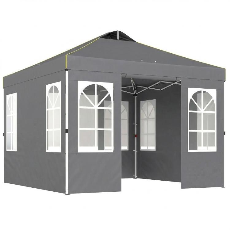 Dark gray pop-up canopy tent with attached sidewalls and four window panels