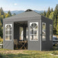 Dark gray outdoor canopy tent with sidewalls and large white-framed window panels