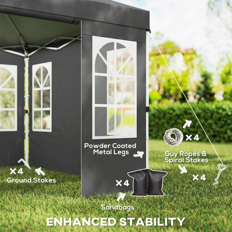 Dark gray canopy tent side panel with windows plus included stability accessories and tie-downs