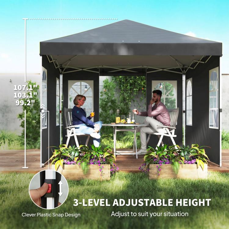 Dark gray pop-up canopy tent with sidewalls and adjustable height support for three-level setup
