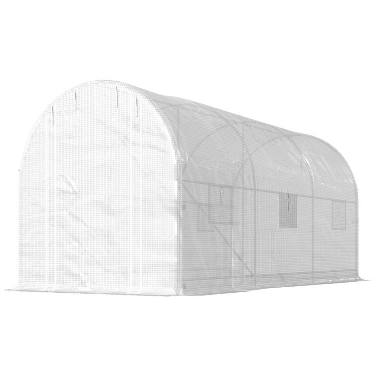 White tunnel greenhouse with arched metal frame and mesh side panels