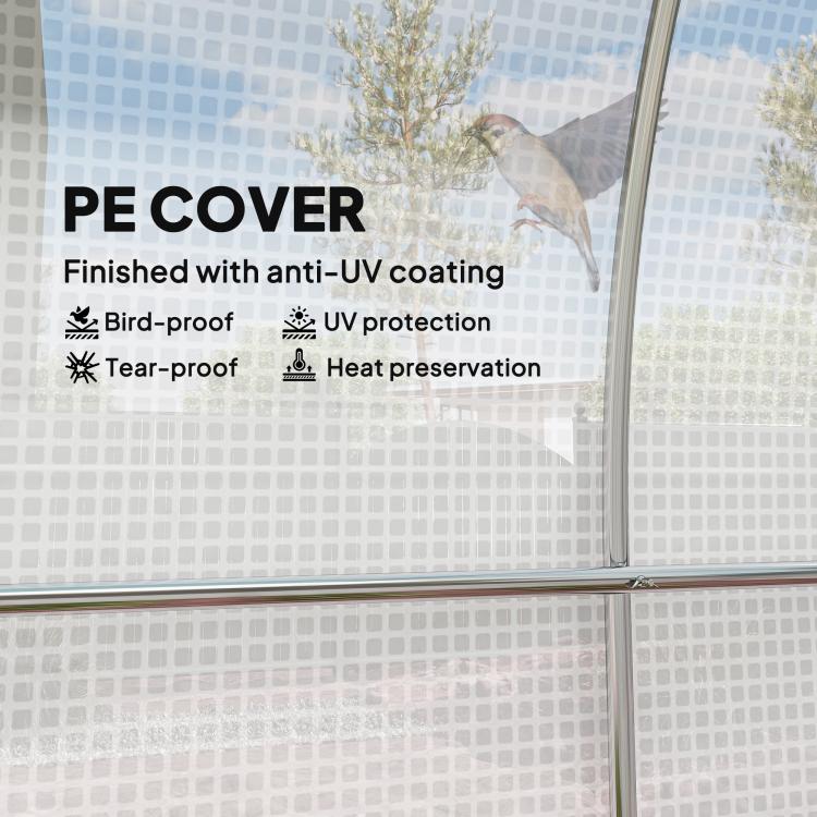 White PE greenhouse cover panel with arched metal frame detail