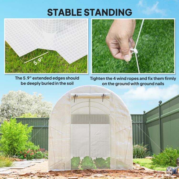 White tunnel greenhouse with reinforced bottom edges and ground stakes support
