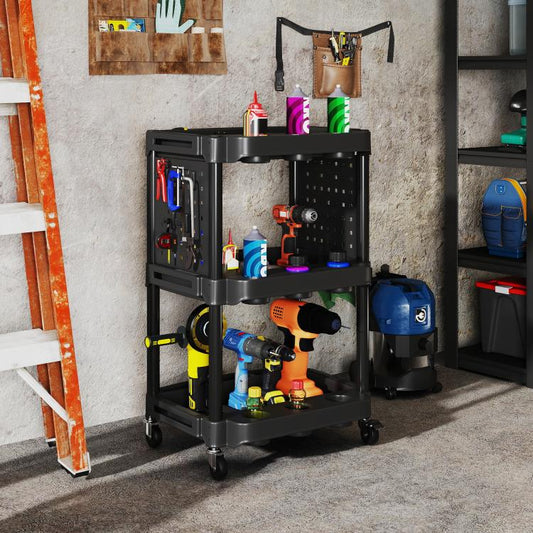 Black rolling tool cart with three open shelves and tool storage on side pegboards