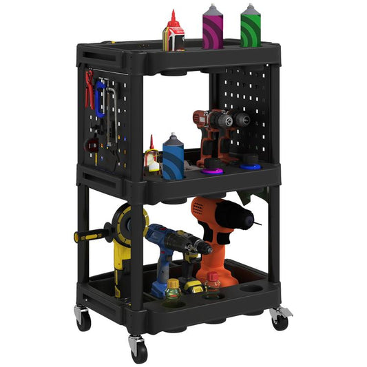 Black 3-tier rolling tool cart with pegboard side panels and three open shelves