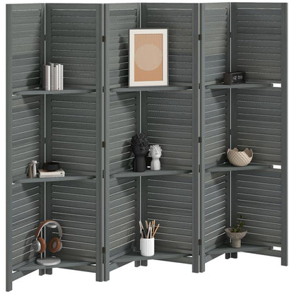 Gray folding wood room divider with shelves and concealed storage, 6-panel design