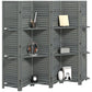Gray 6-panel privacy screen divider with three-tier shelves and folding storage