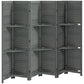 Gray folding room divider with 6 panels and open storage shelves, close-up