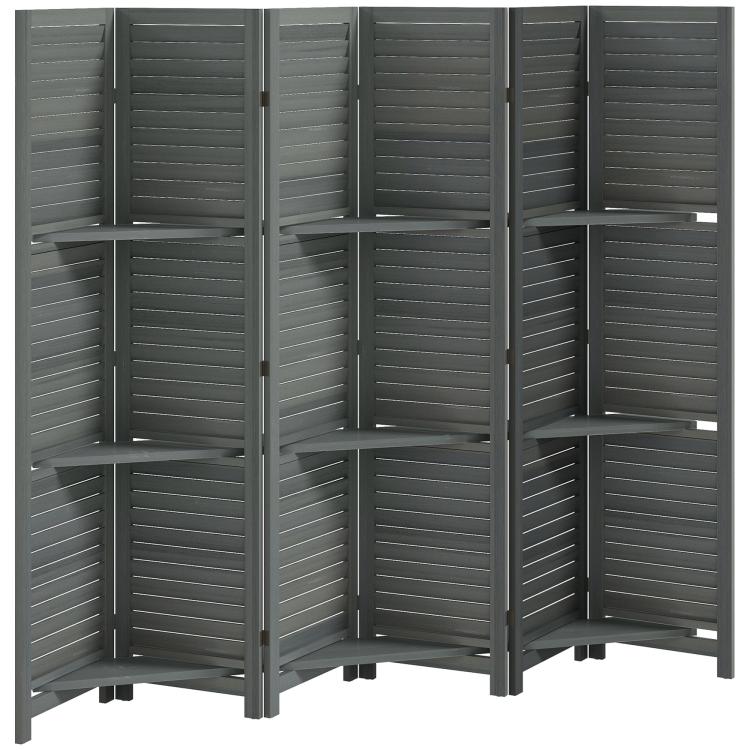 Gray folding room divider with 6 panels and open storage shelves, close-up