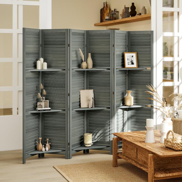 Gray folding room divider with three shelves, decorative storage compartments