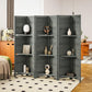 Gray slatted wood privacy screen with three open shelves and tall folding panels