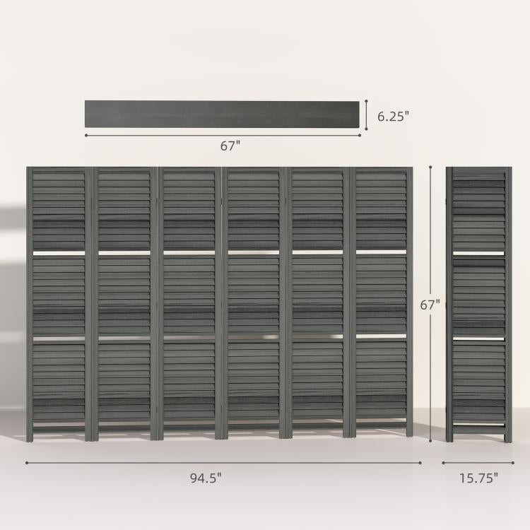 Gray 6-panel privacy screen room divider with dimensions and tall folding sides
