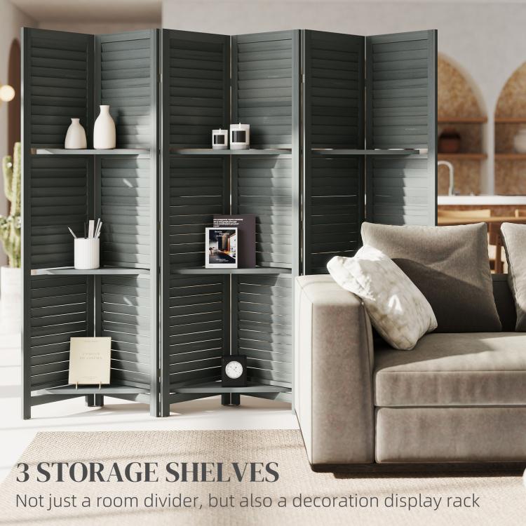 Gray folding wood room divider with three shelves, styled for living room display
