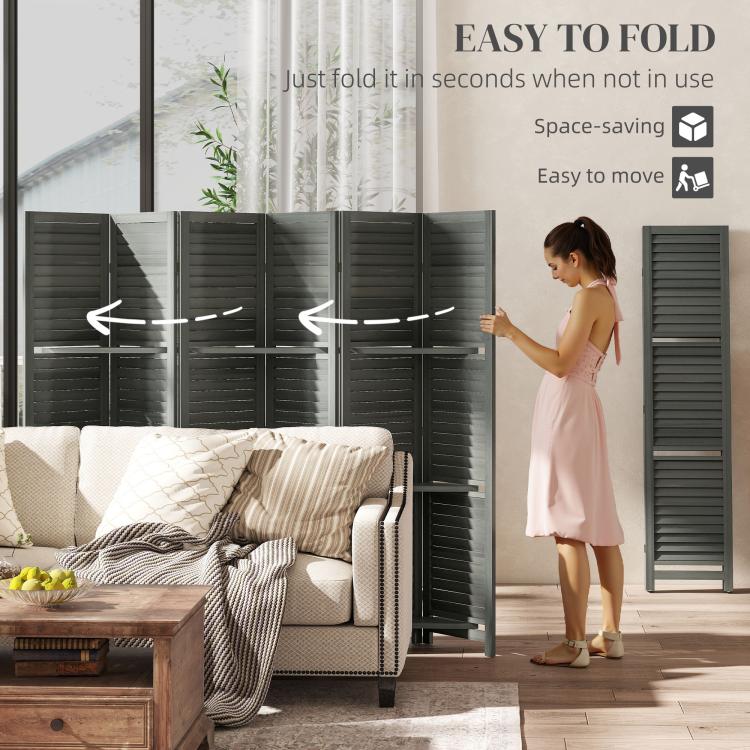 Gray folding 6-panel privacy screen room divider showing fold-and-move design