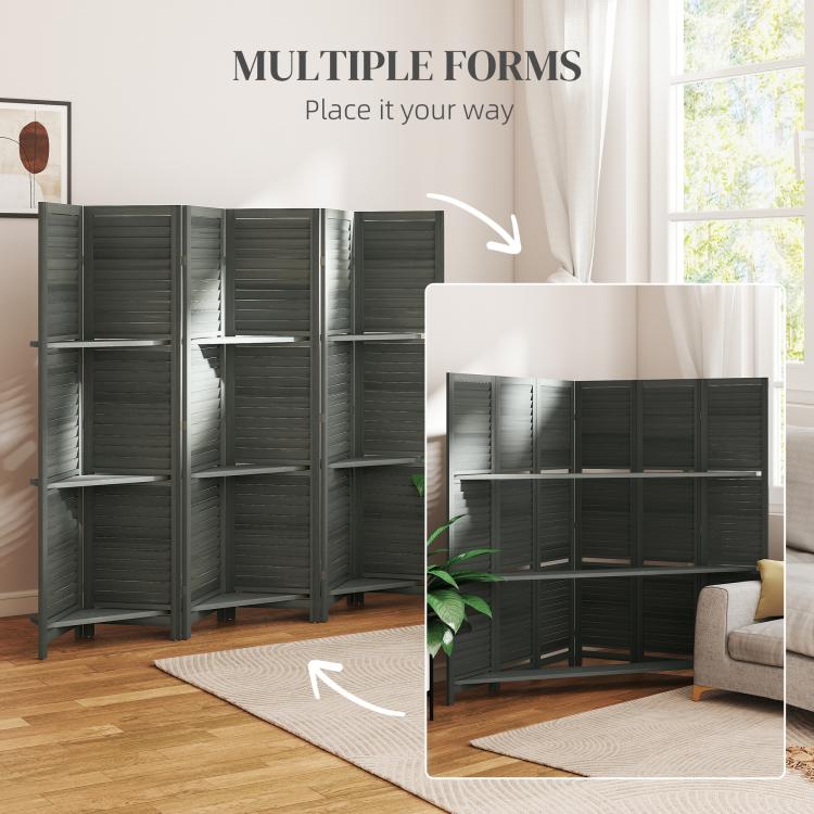 Gray folding room divider shown in expanded and partially folded positions
