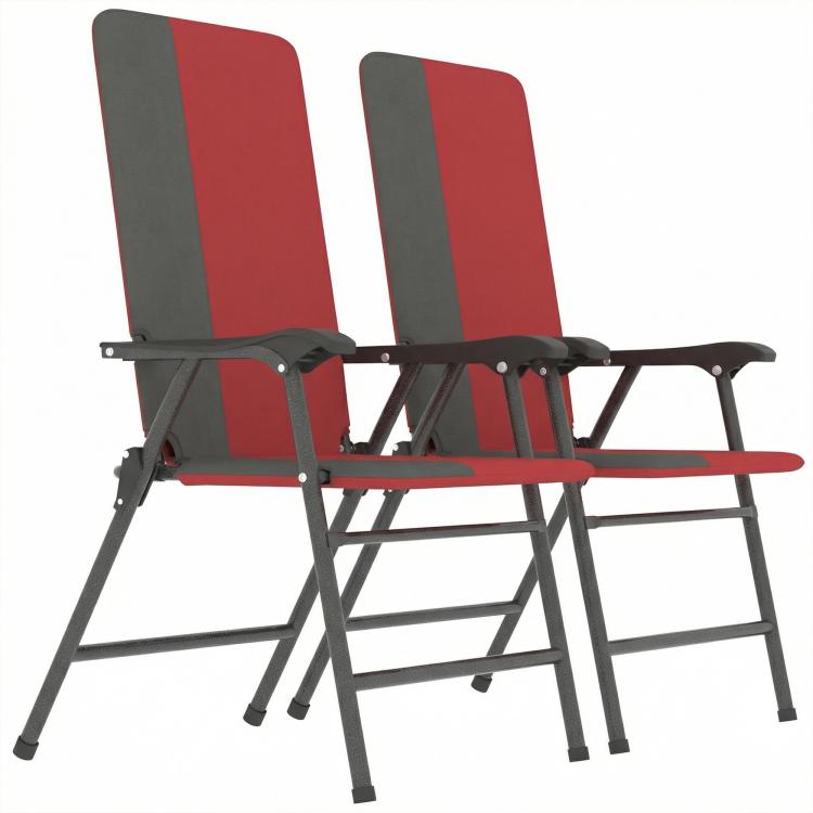 Set of 2 folding patio chairs with padded high backs, red seats, armrests, gray frames
