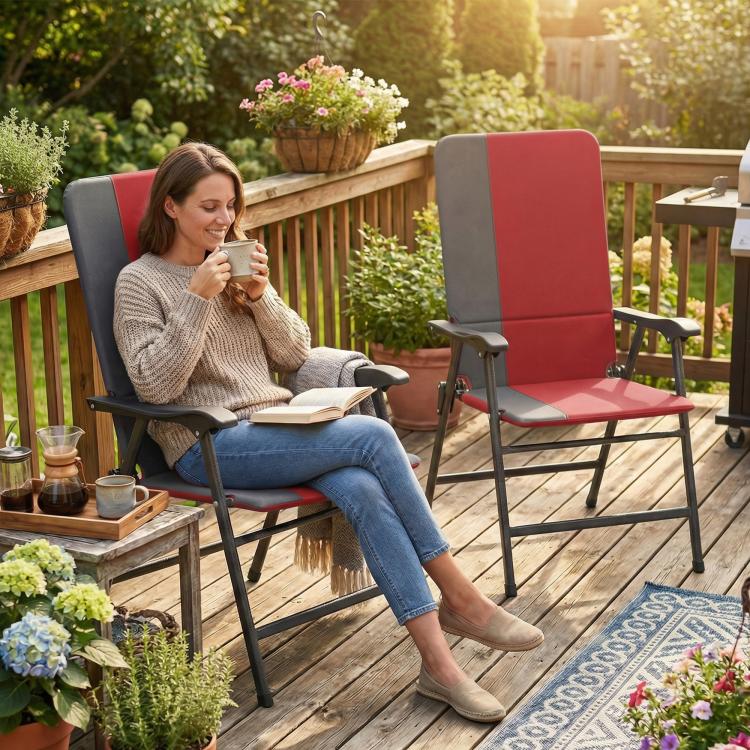 Red padded high-back folding patio chair with armrests and gray metal frame