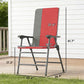Red padded folding patio chair with armrests and gray frame, high back design