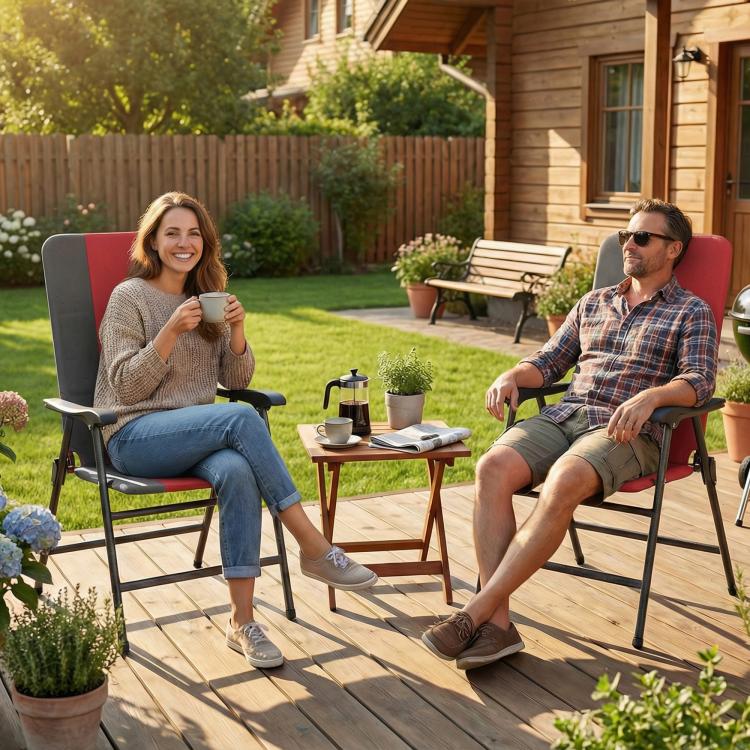 Set of 2 folding patio chairs with red padded seats and high backs, gray frames