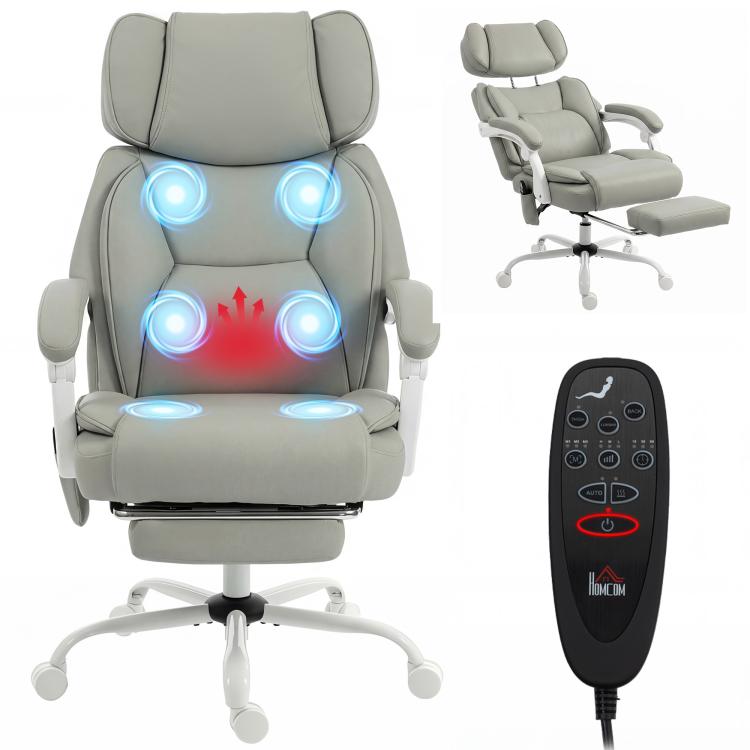 Light gray massage office chair with heated reclining back and footrest