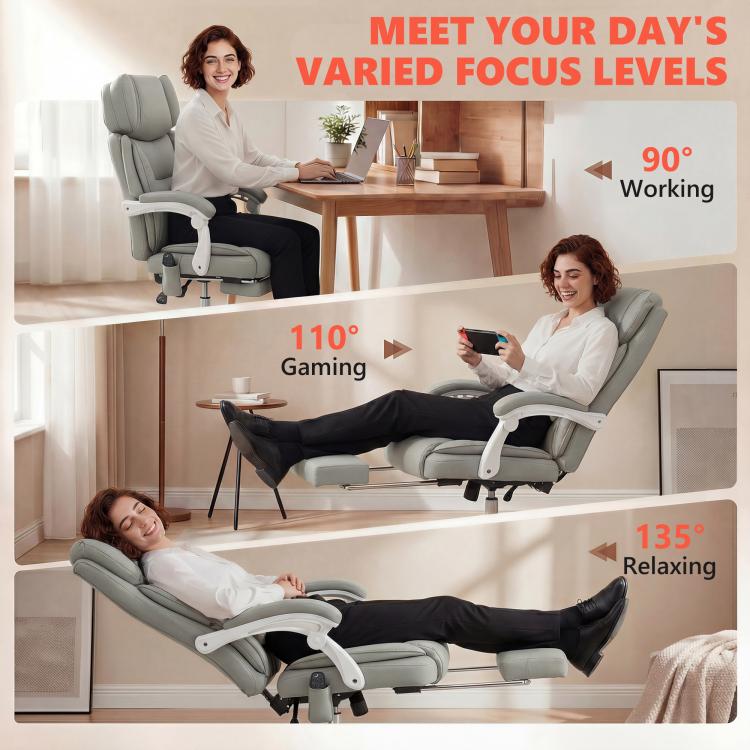 Light gray high-back massage office chair with reclining back and footrest, swivel base