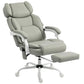 Light gray recliner office chair with high back, armrests, padded footrest, swivel wheels