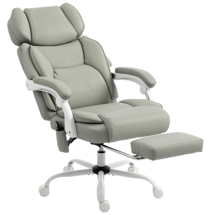 Light gray recliner office chair with high back, armrests, padded footrest, swivel wheels