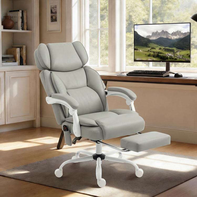 Light gray heated massage recliner office chair with footrest and swivel base