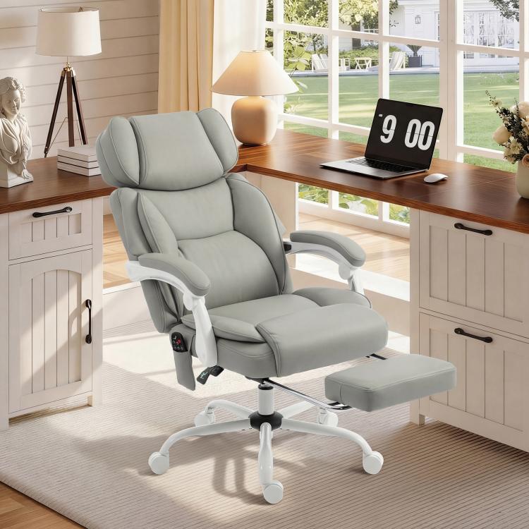 Light gray heated massage recliner chair with footrest and arm controls