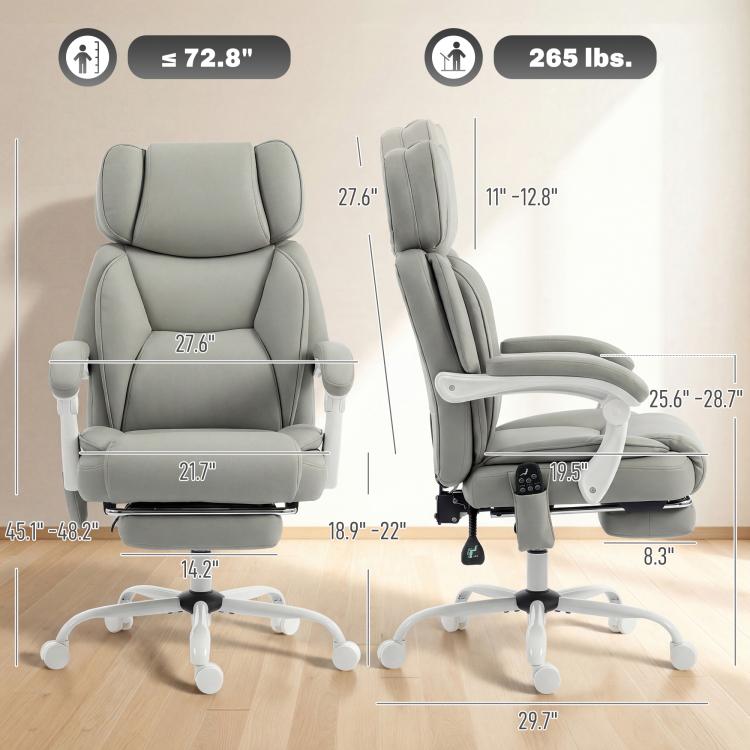 Light gray massage office chair size diagram with armrest and footrest