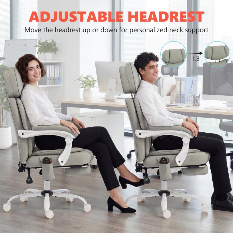 Light gray adjustable headrest massage chair with people seated in office