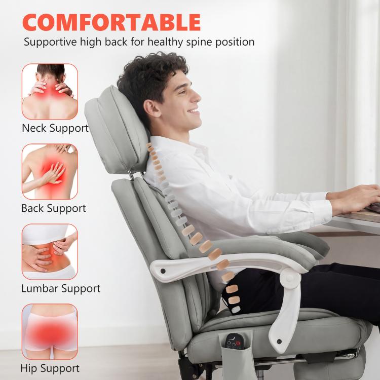Light gray ergonomic massage chair with neck, back, and lumbar support