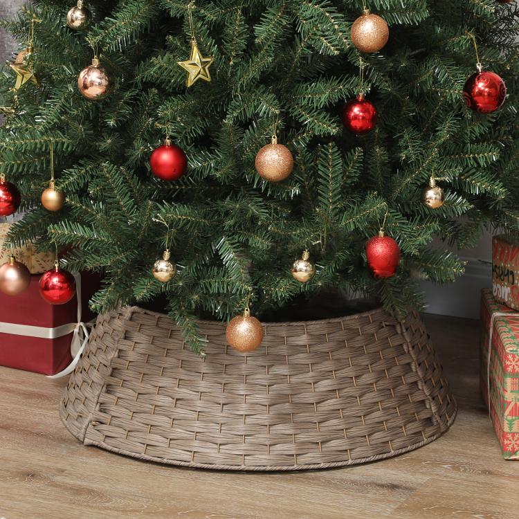 Woven Christmas tree collar skirt in taupe/coffee, draped over tree stand