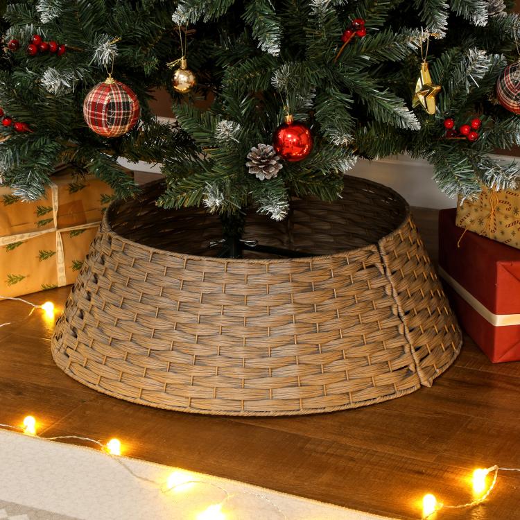 Woven Christmas tree collar skirt in taupe/coffee with holiday ornaments above