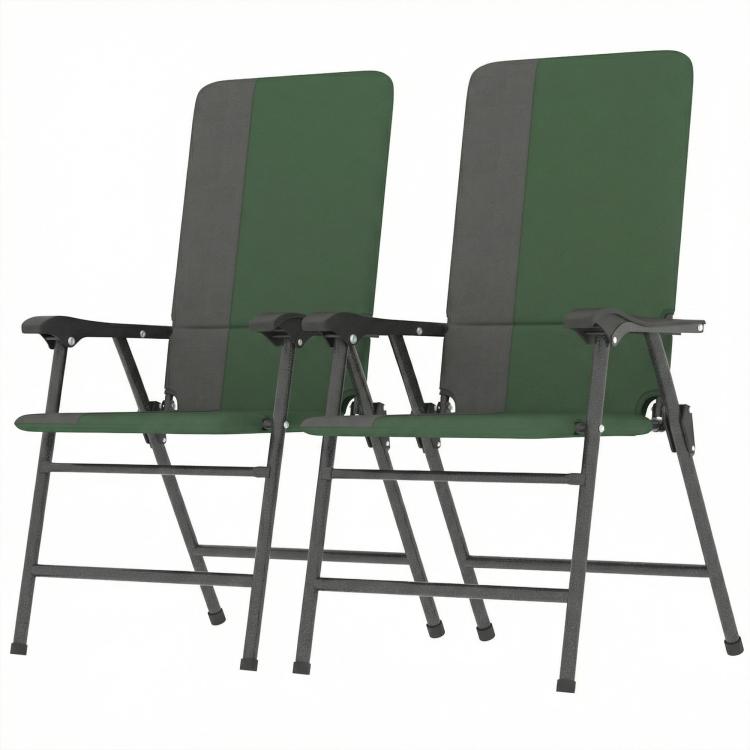 Set of 2 folding patio chairs with padded high backs and armrests in dark green