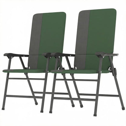 Set of 2 folding patio chairs with padded high backs and armrests in dark green