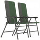 Pair of dark green folding lawn chairs with padded high back panels and armrests