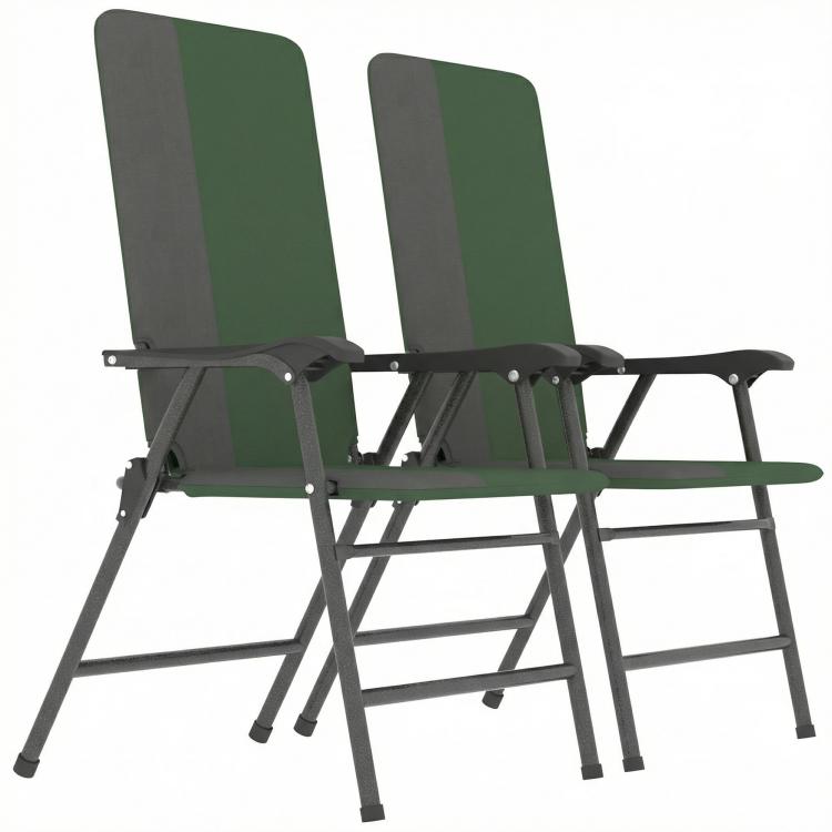 Pair of dark green folding lawn chairs with padded high back panels and armrests