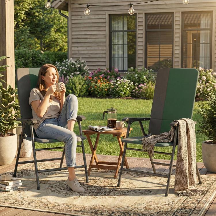 Set of 2 dark green padded high-back folding patio chairs with armrests